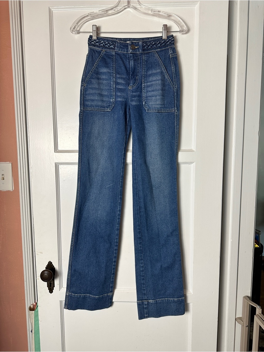 Rebecca Taylor Braided-Waist Wide-Leg Jeans in Blue